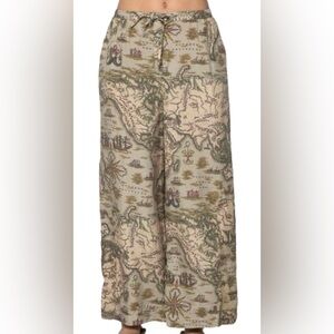 Burning Torch Silk Map Print Pants Wide Leg Crop Pockets Size S